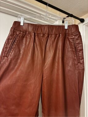Warm Brown Faux Leather Stretchy Pants Slim Fit Elastic Waistband